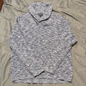 Express Men's Marled Blue and White Zip-Up Sweater